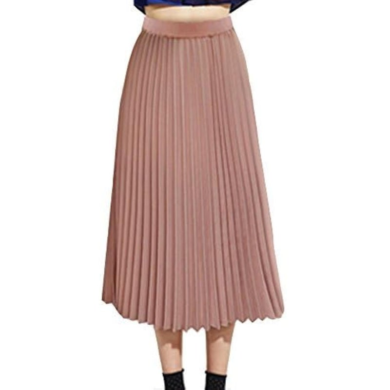 TEERFU Womens Pleated Midi Skirt,High Waist Swing Summer Pleated Skirt Casual Chiffon Elastic A-line Long Skirts Pink X-Large - Image 1